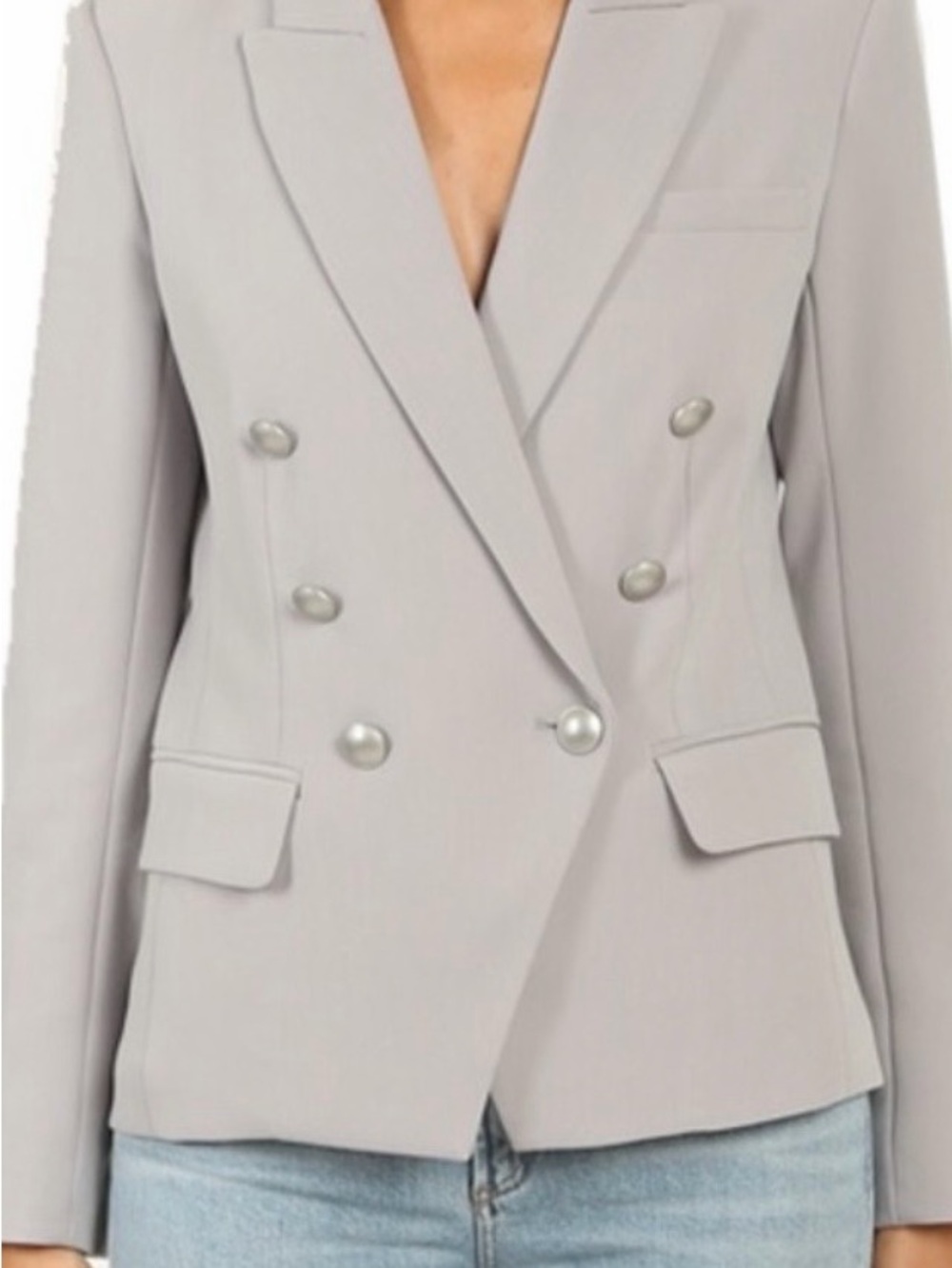 L'AGENCE Double-Breasted Pearl-Button Light Gray Kenzie Blazer